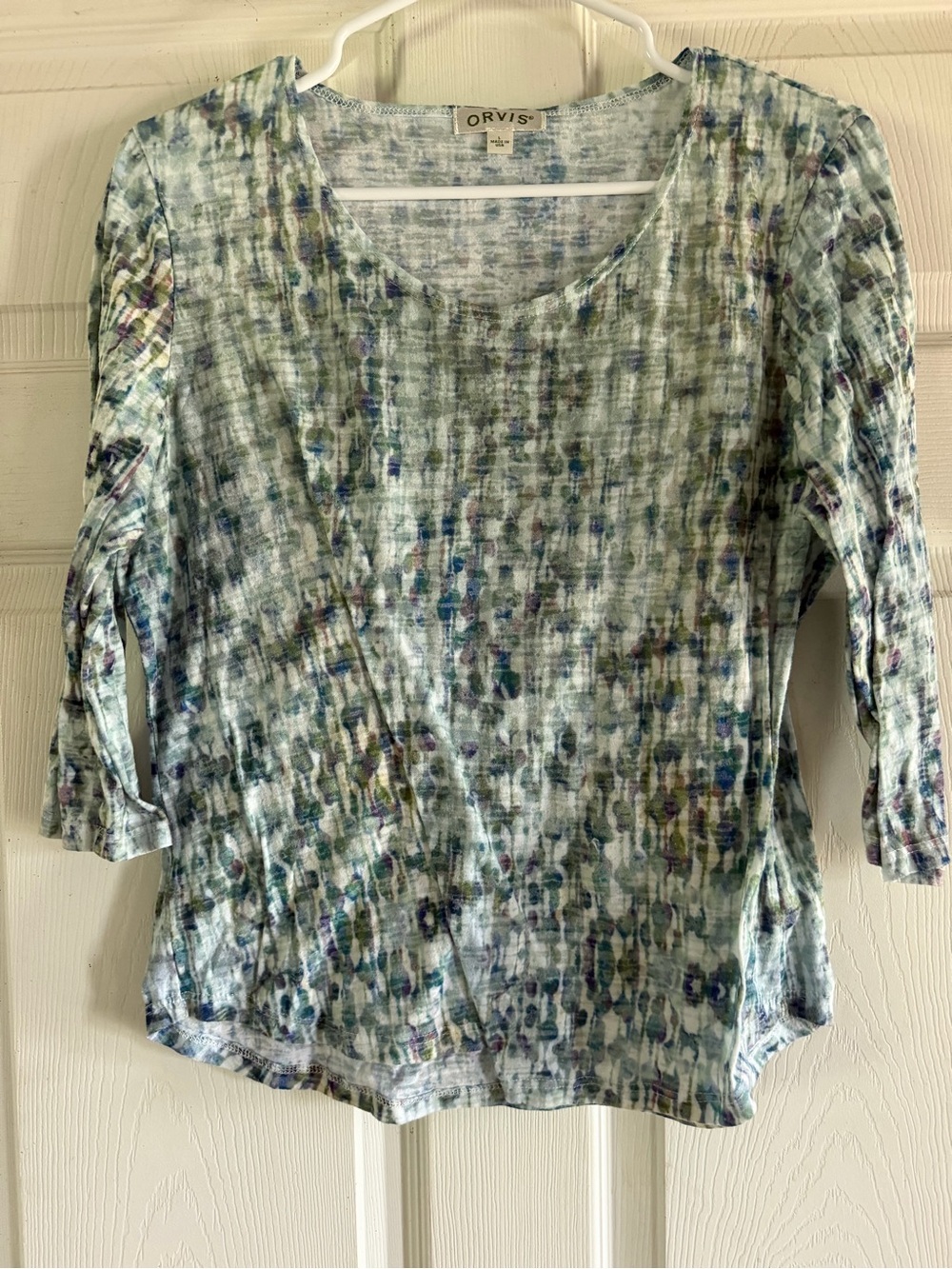 Orvis Women's Seafoam Multi-Color Abstract Scoop Neck Long Sleeve Top